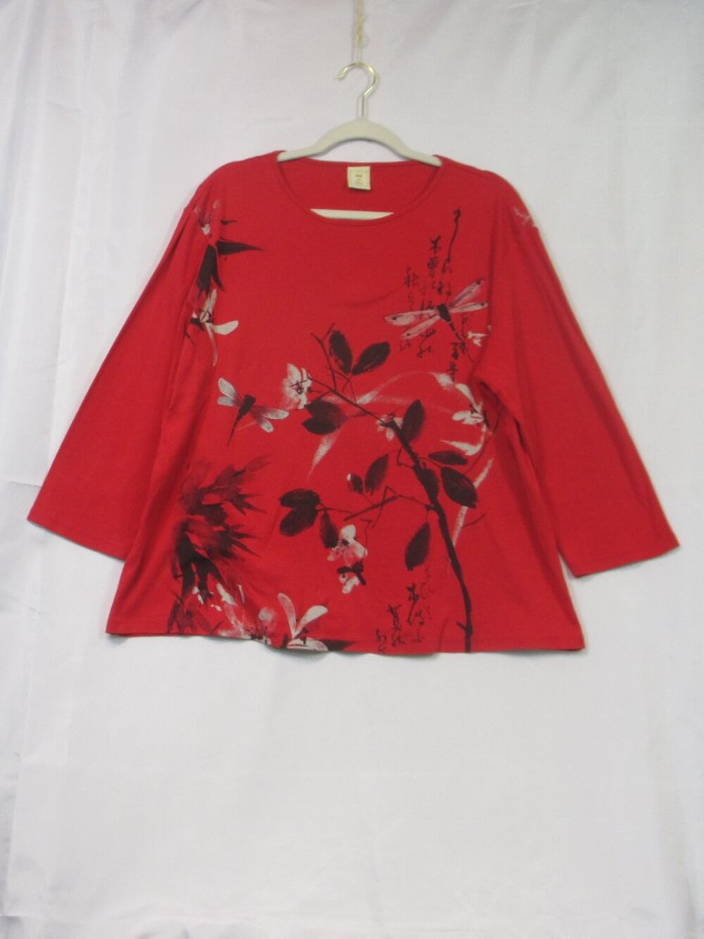 Jess & Jane Playtime Top Womens 2X Red Dragonfly Floral 3/4 Sleeve Cotton USA